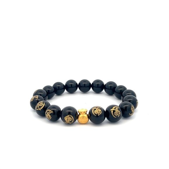 24K Yellow Gold Money Bag Lucky Bracelet Carved Black Agate Gemstones 10mm - Picture 1 of 5